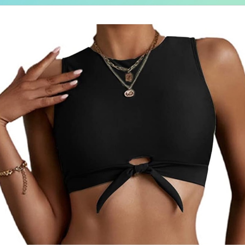 Women's Cut Out Tie Knot Front Scoop High Neck Tank Crop Top Bikini Swimsuit